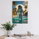 Astronaut on Tropical Beach Metal Poster – Surreal Sci-Fi Wall Art