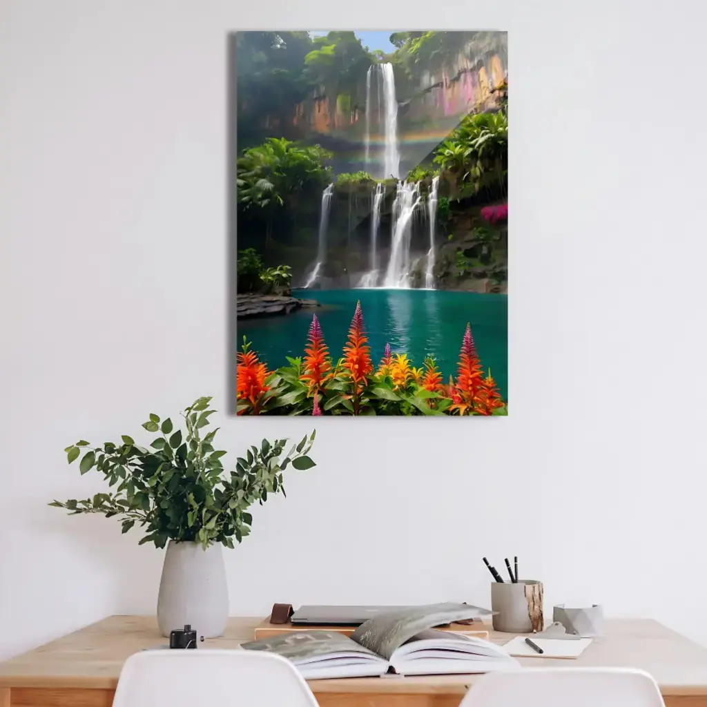 Enchanting Waterfall & Rainbow Metal Poster